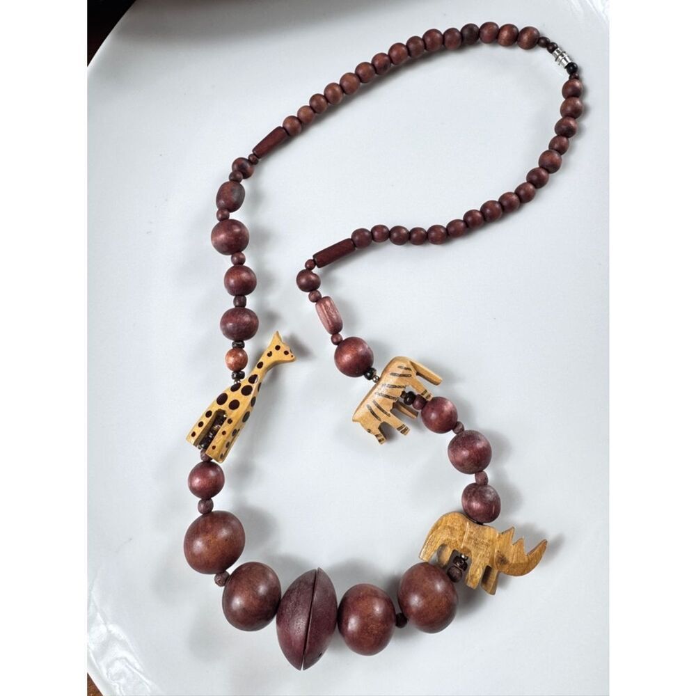 Vintage Handcrafted Brown Wooden Bead Necklace with Animal Pendants